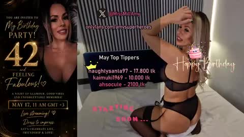 Snapshot of amysuperheroes chatting on 05/17/26, 10:44 Next stream Dec 3 online show from 05/17/26, 10:44